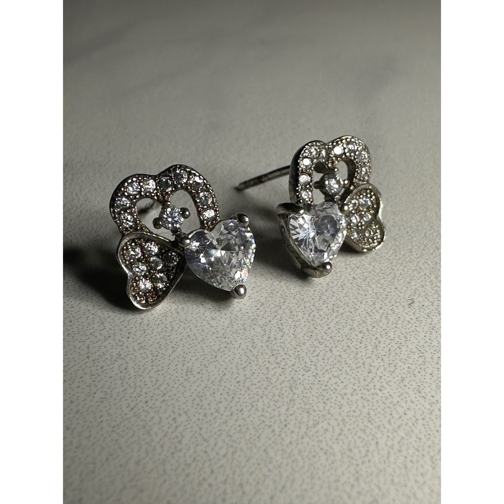 925 Sterling Silver Butterfly Heart Stud Earrings Cubic Zirconia Clear GA 925